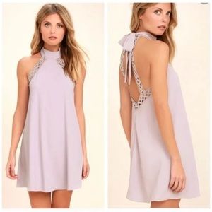 NWT Lulu’s Any Sway Pink Halter Open Back Bow Crochet Mini Dress Sz L